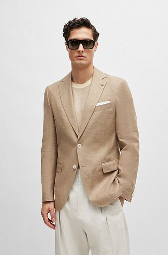 Slim-fit jacket in patterned virgin wool and linen, Beige