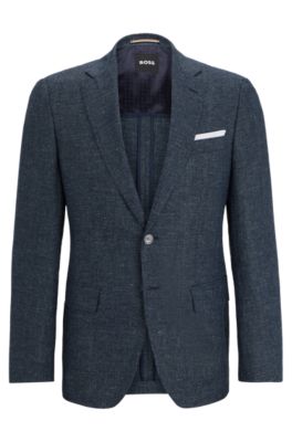 Slim-fit jacket in patterned virgin wool and linen, Dark Blue