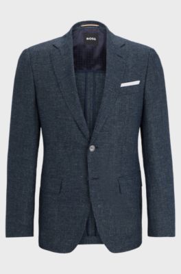 Slim-fit jacket in patterned virgin wool and linen, Dark Blue