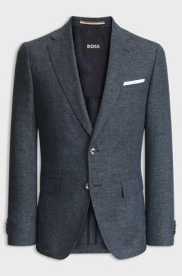 Slim-fit jacket in patterned virgin wool and linen, Dark Blue