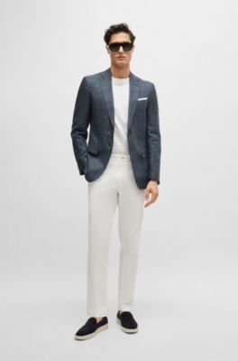 Slim-fit jacket in patterned virgin wool and linen, Dark Blue
