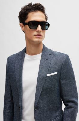 Slim-fit jacket in patterned virgin wool and linen, Dark Blue