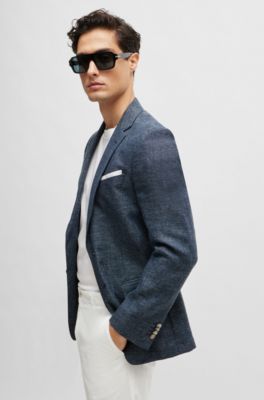 Slim-fit jacket in patterned virgin wool and linen, Dark Blue