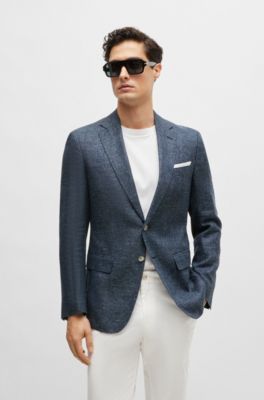 Slim-fit jacket in patterned virgin wool and linen, Dark Blue