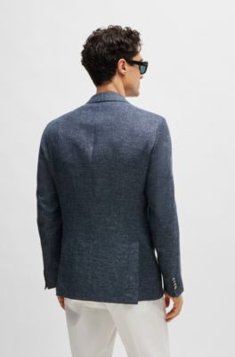 Slim-fit jacket in patterned virgin wool and linen, Dark Blue