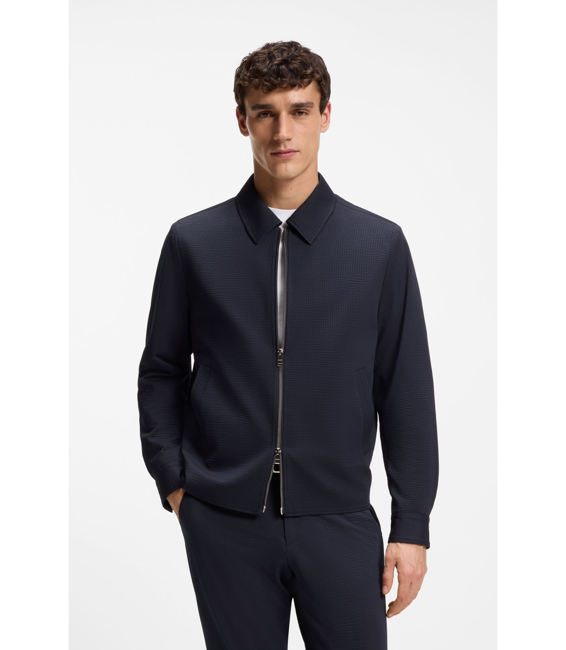 BOSS - Slim-fit jacket in stretch seersucker with wrinkle recovery