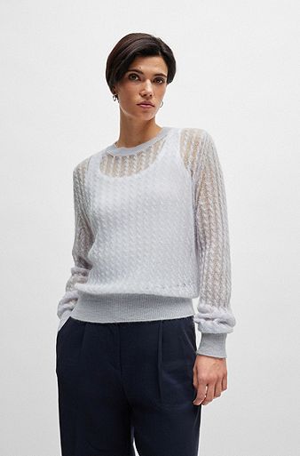 Cable-knit sweater in a textured wool blend, Light Grey