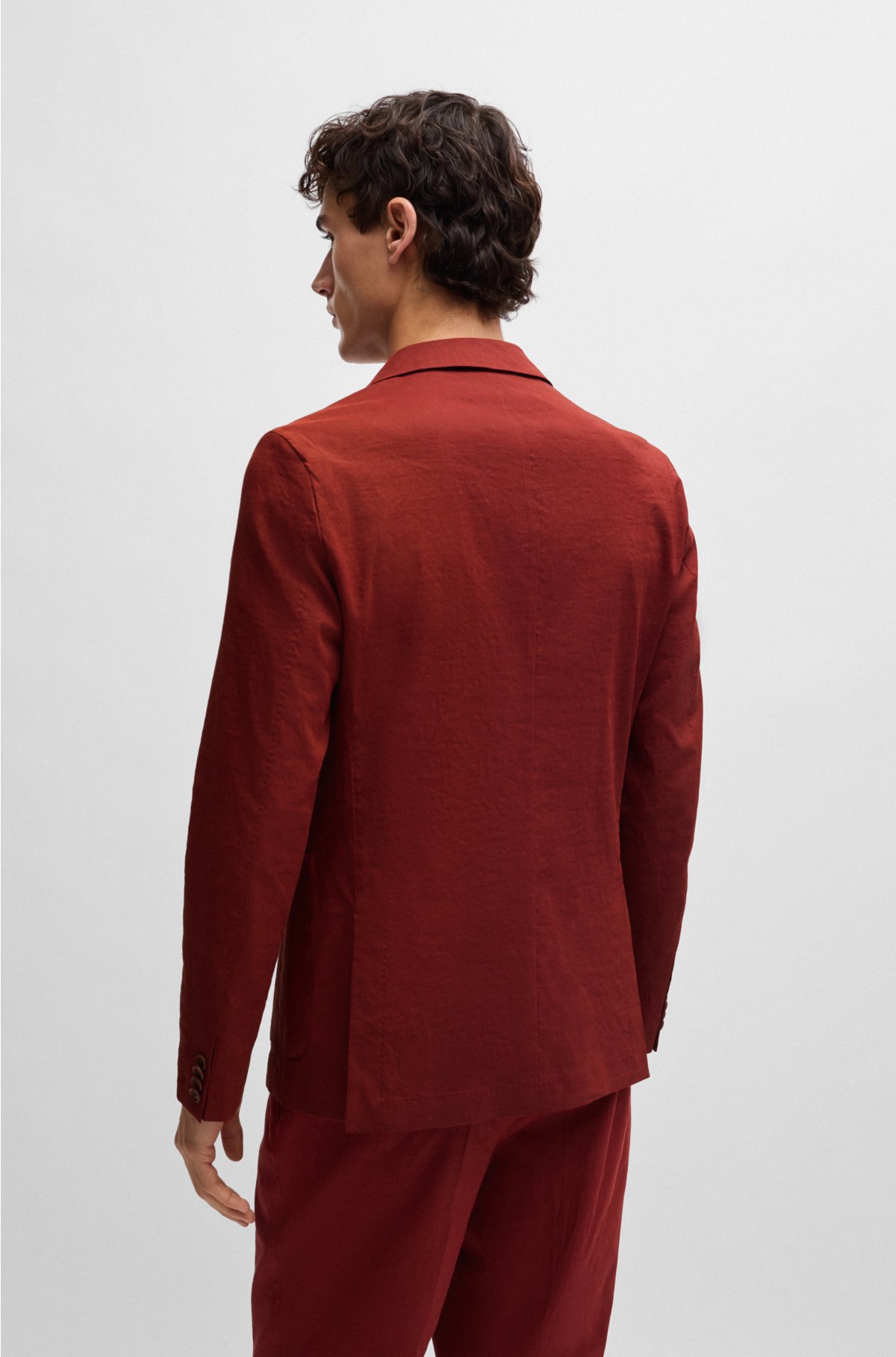 Slim-fit single-breasted jacket in a linen blend, Dark Brown