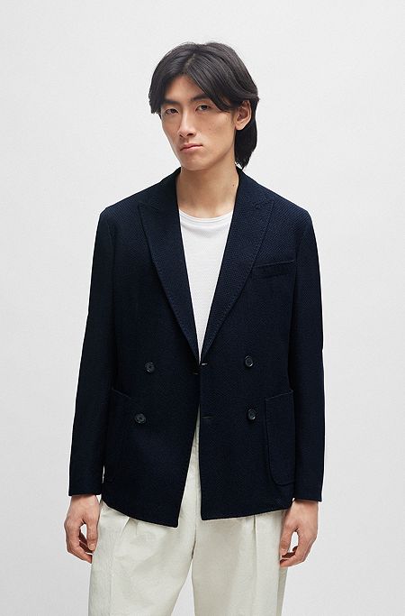 Slim-fit jacket in micro-patterned cotton, Dark Blue