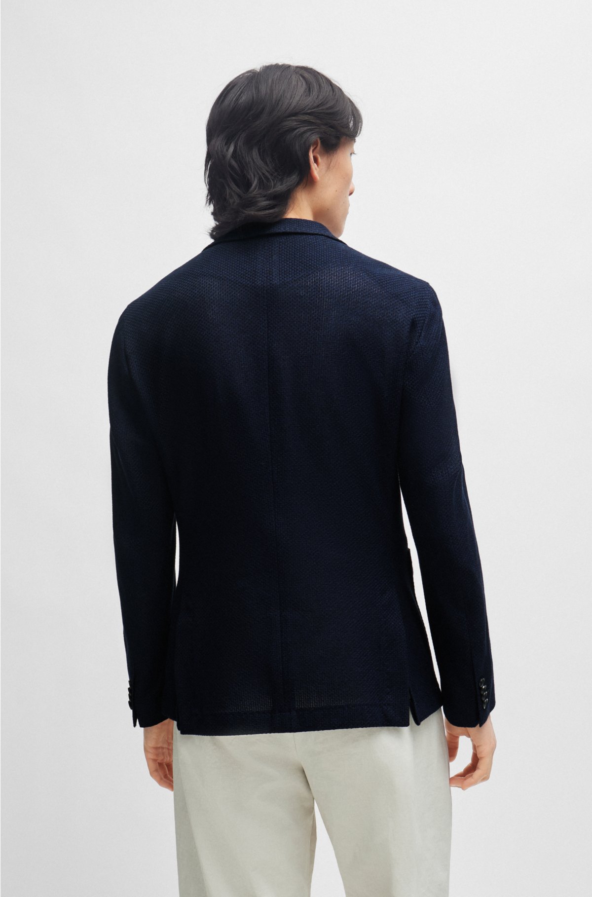Slim-fit jacket in micro-patterned cotton, Dark Blue