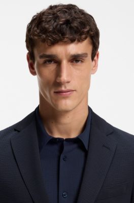 Slim-fit jacket in performance-stretch seersucker, Dark Blue