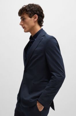 Slim-fit jacket in performance-stretch seersucker, Dark Blue