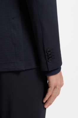Slim-fit jacket in performance-stretch seersucker, Dark Blue