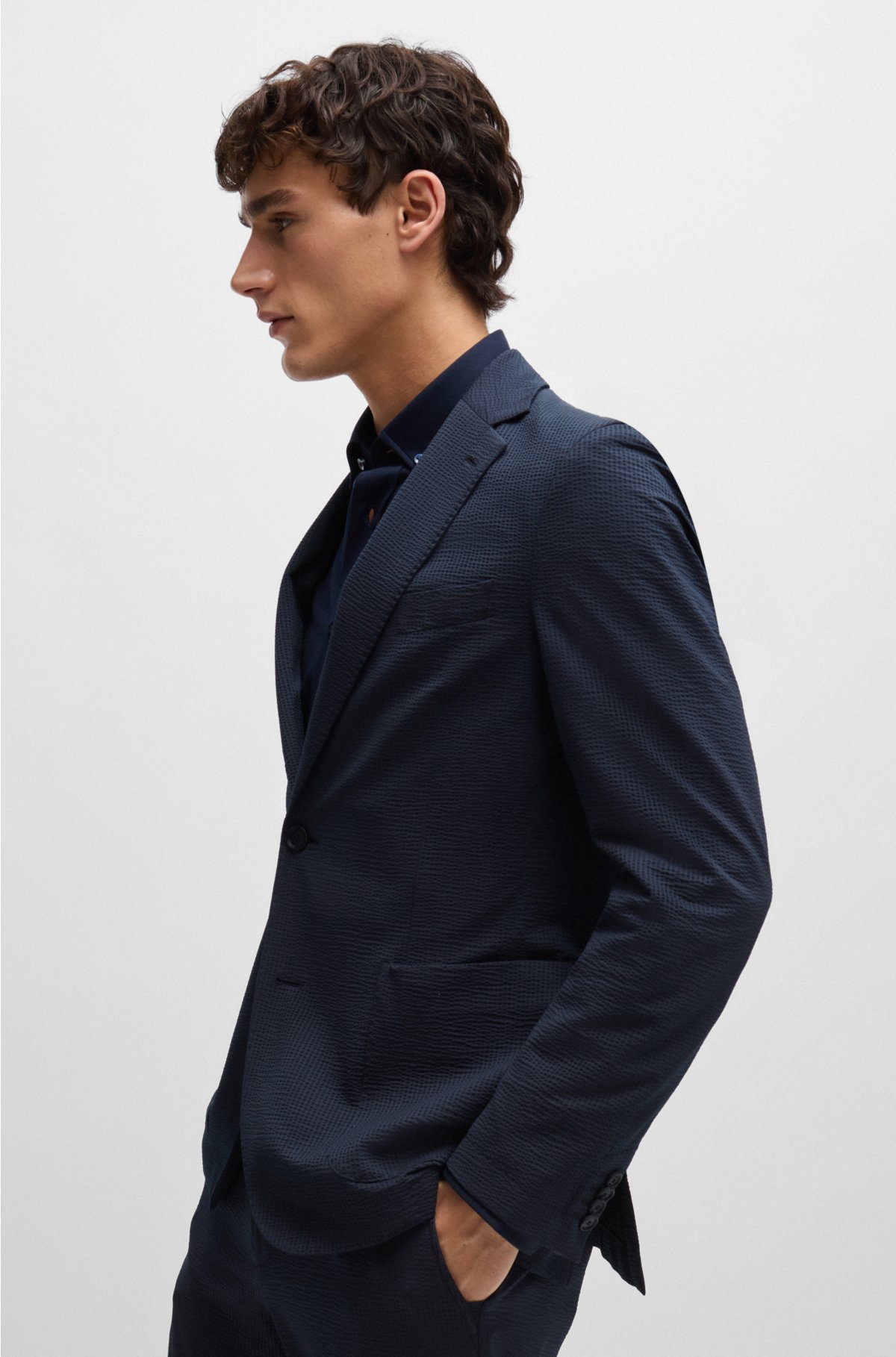 Slim-fit jacket in performance-stretch seersucker, Dark Blue