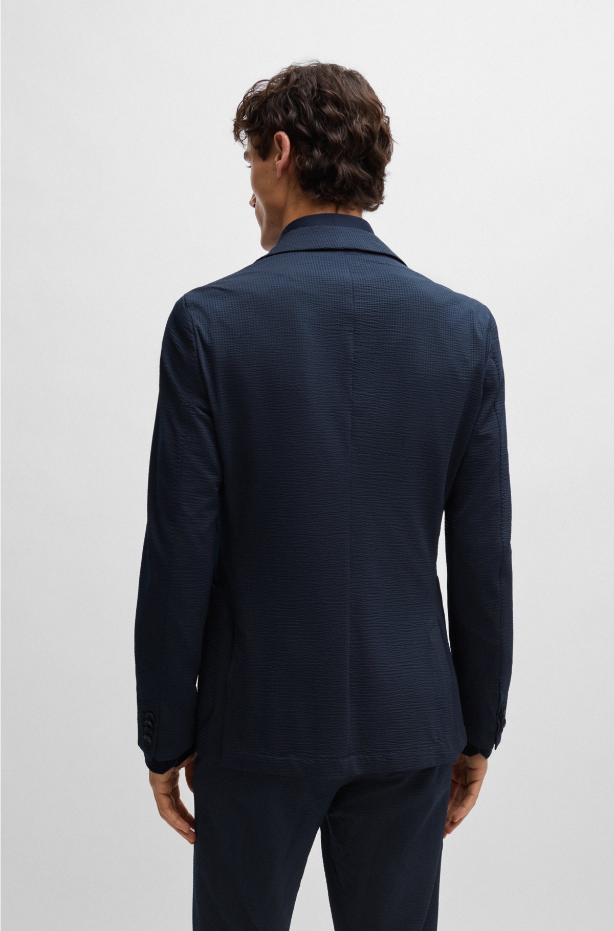 Slim-fit jacket in performance-stretch seersucker, Dark Blue