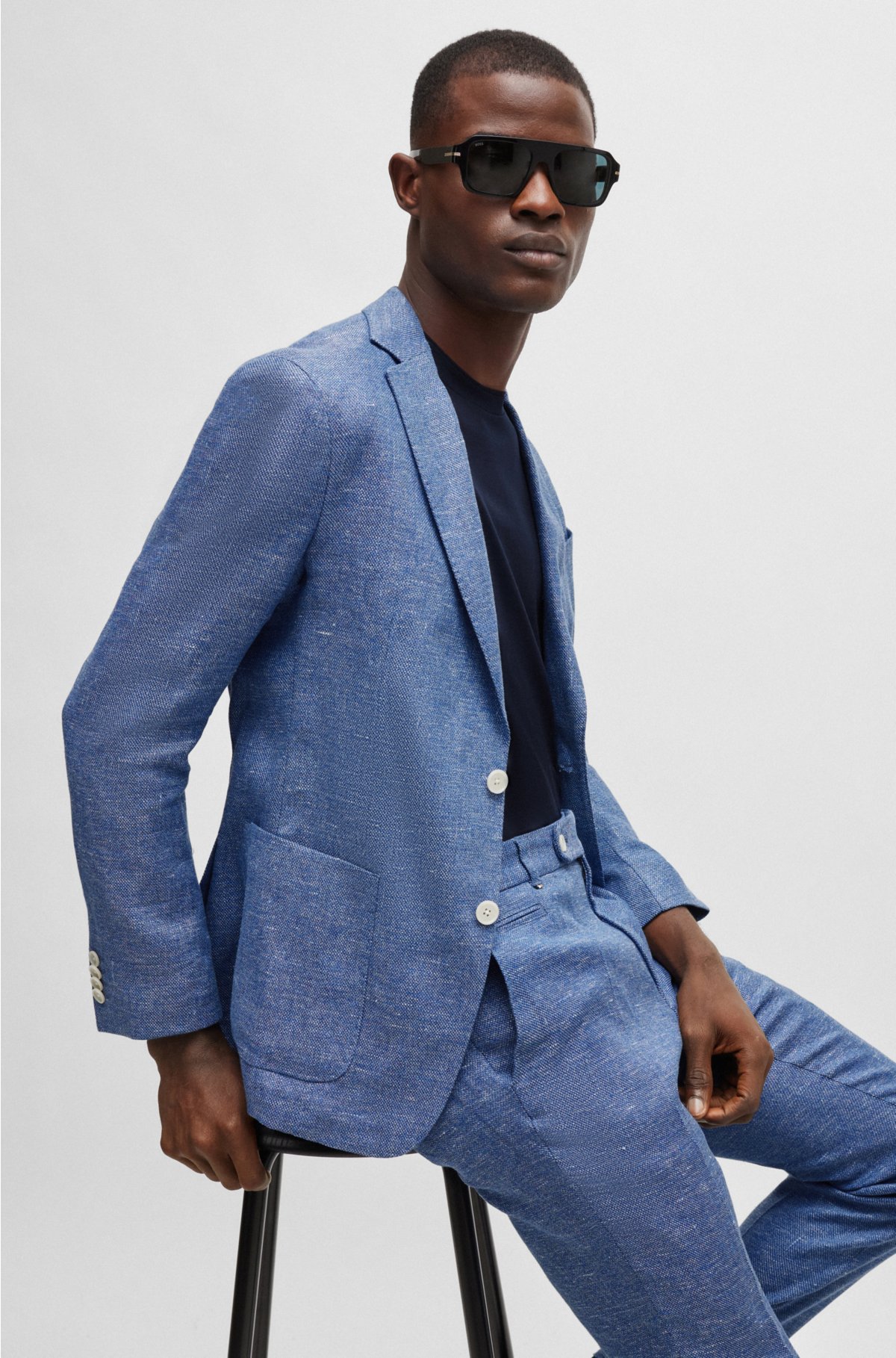 Slim-fit jacket in a micro-patterned linen blend, Blue