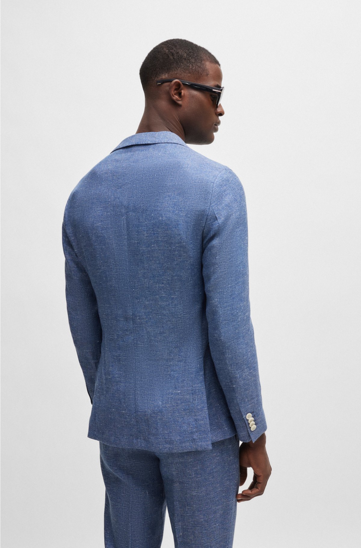 Slim-fit jacket in a micro-patterned linen blend, Blue