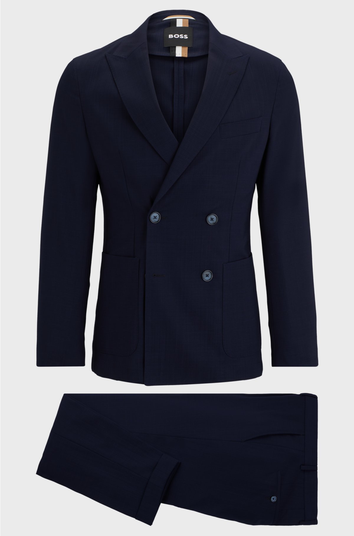 Double-breasted slim-fit suit in virgin wool, Dark Blue