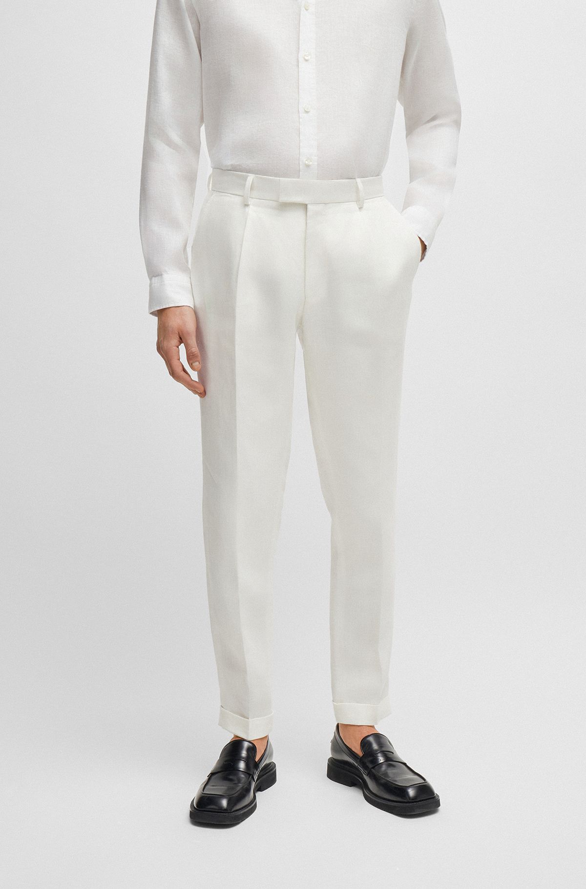 Relaxed-fit trousers in micro-patterned linen, White