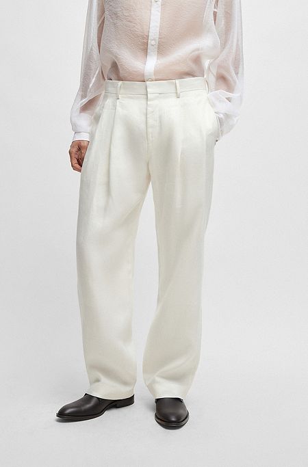 Pantaloni relaxed fit in lino con micromotivo, Bianco