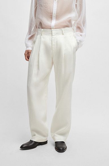 Pantalones relaxed fit de lino microestampado, Blanco