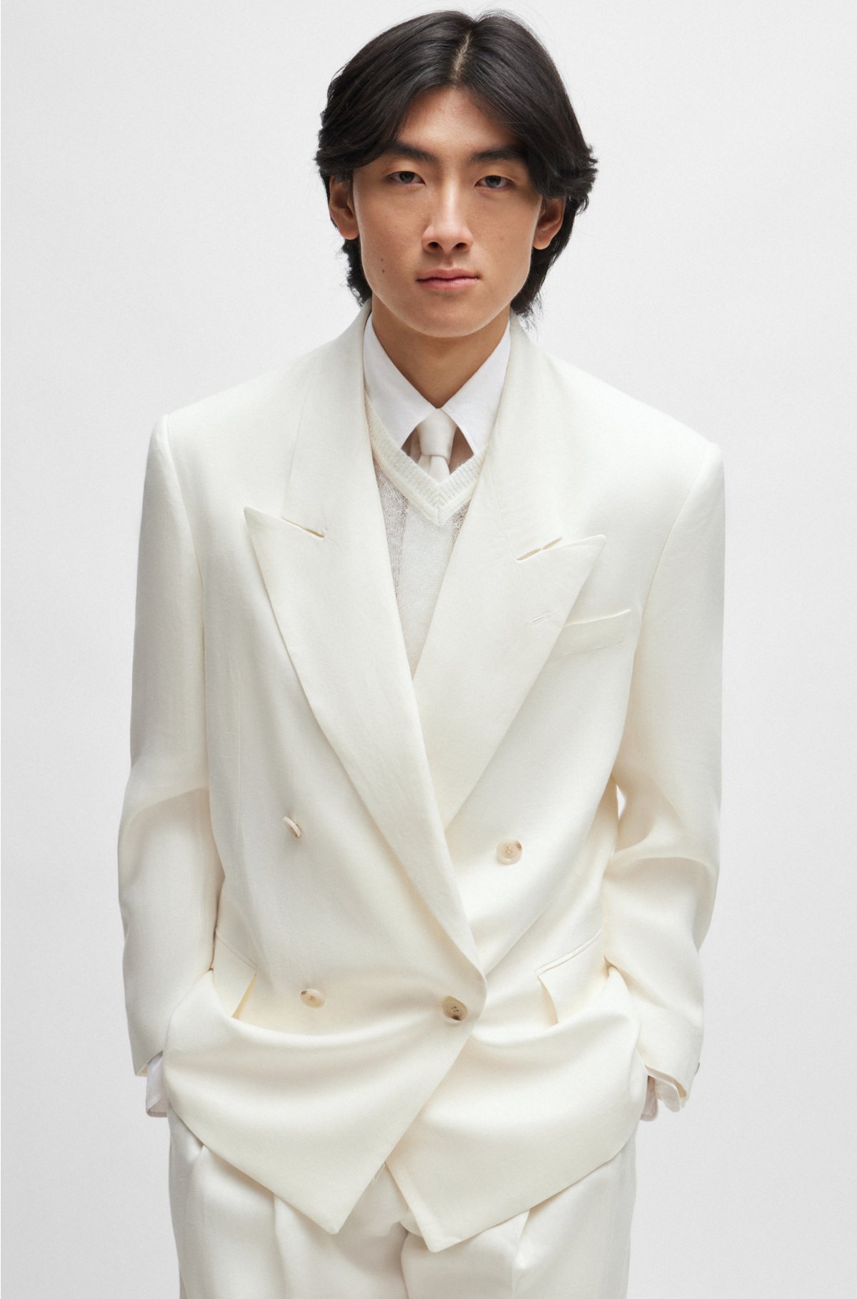 Relaxed-fit jacket in micro-patterned linen, White