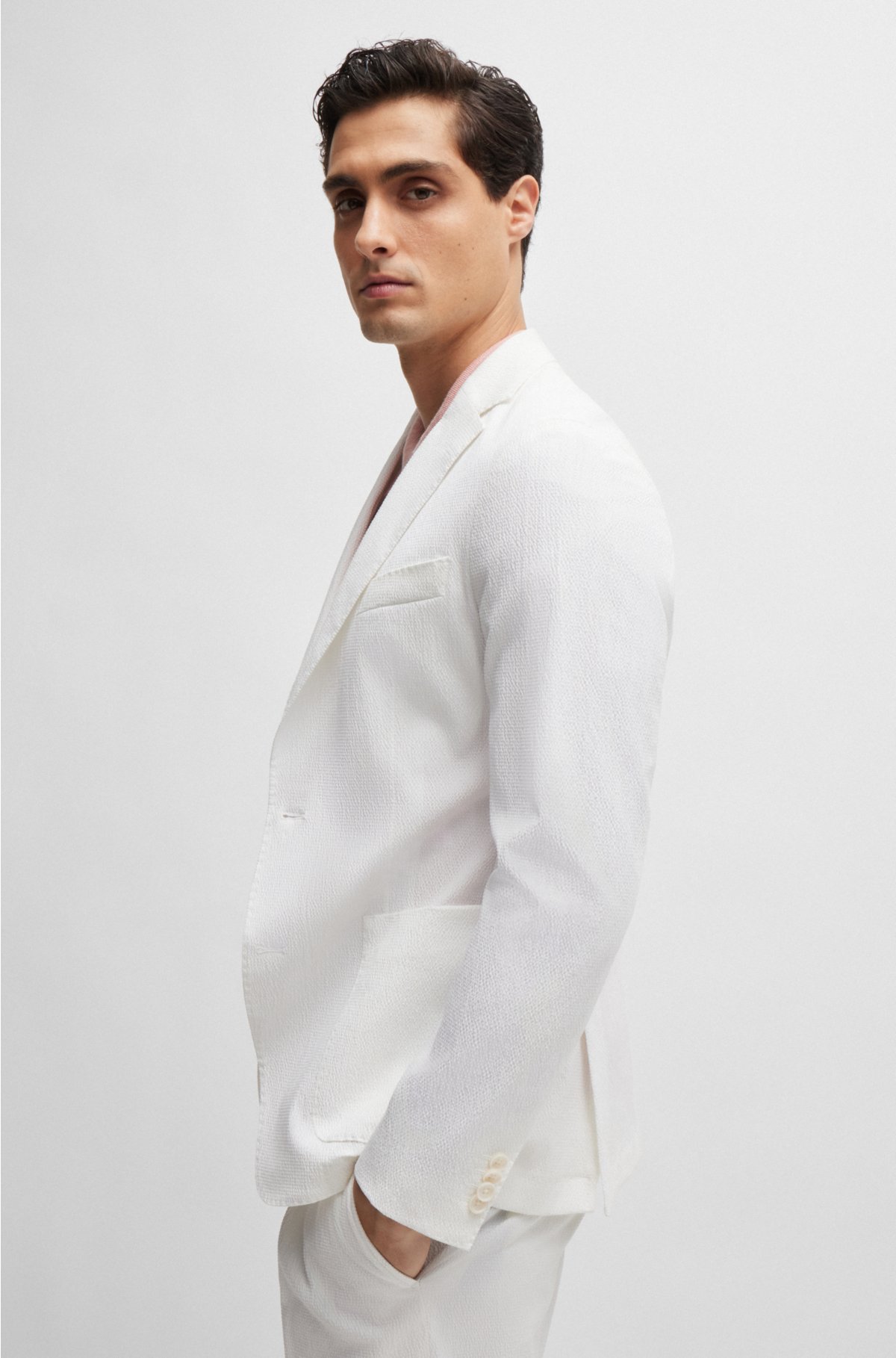 Slim-fit jacket in cotton-blend seersucker, White