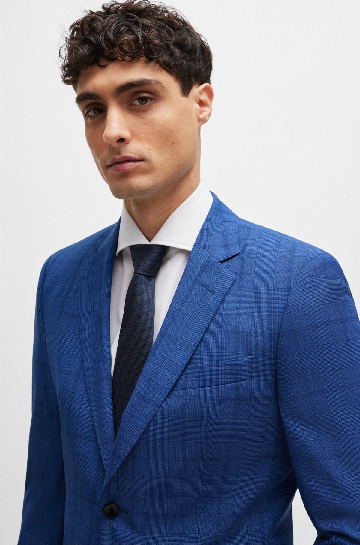 Slim-fit suit in checked virgin wool, Blue