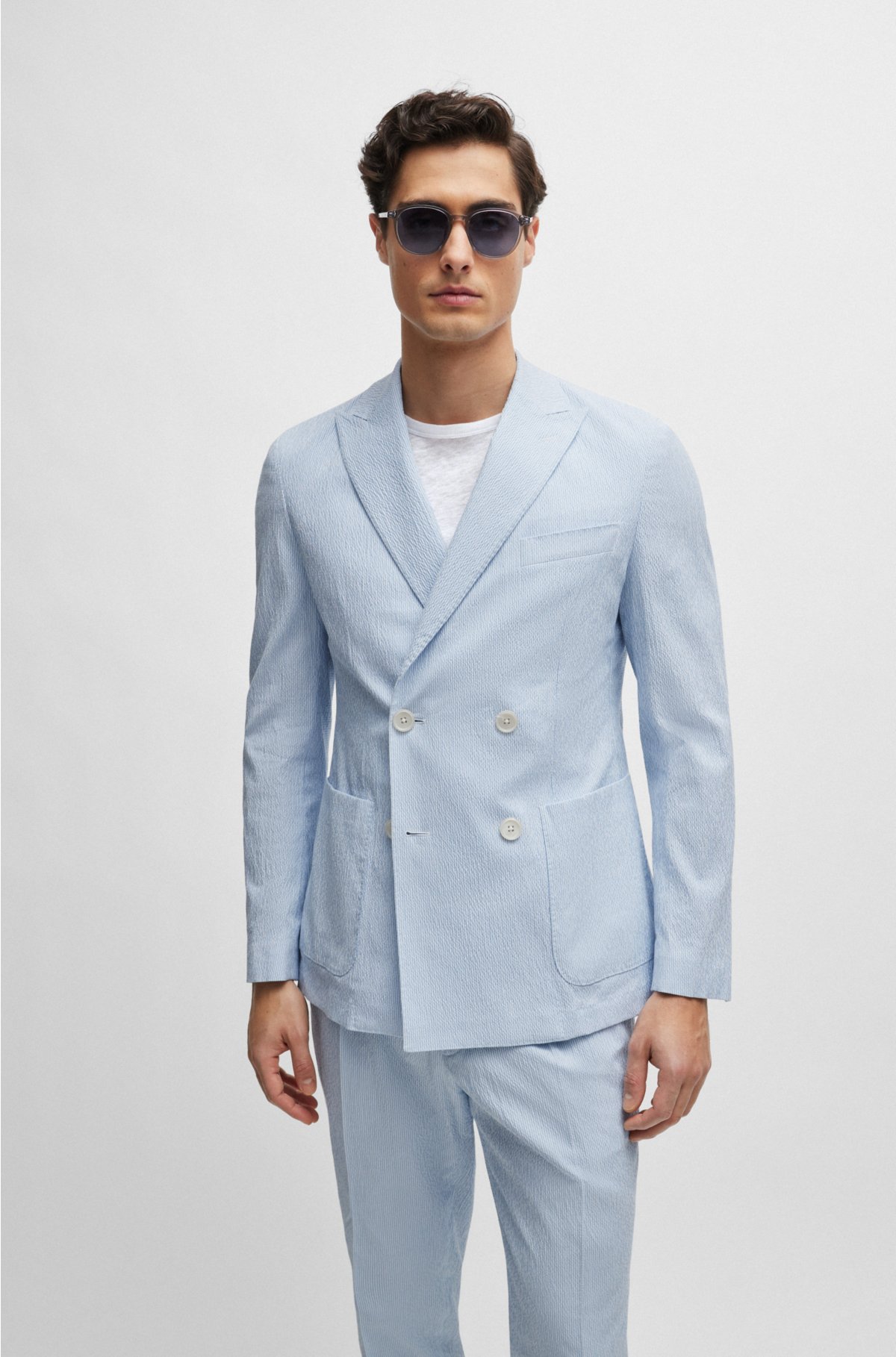 Slim-fit suit in striped stretch-cotton seersucker, Light Blue