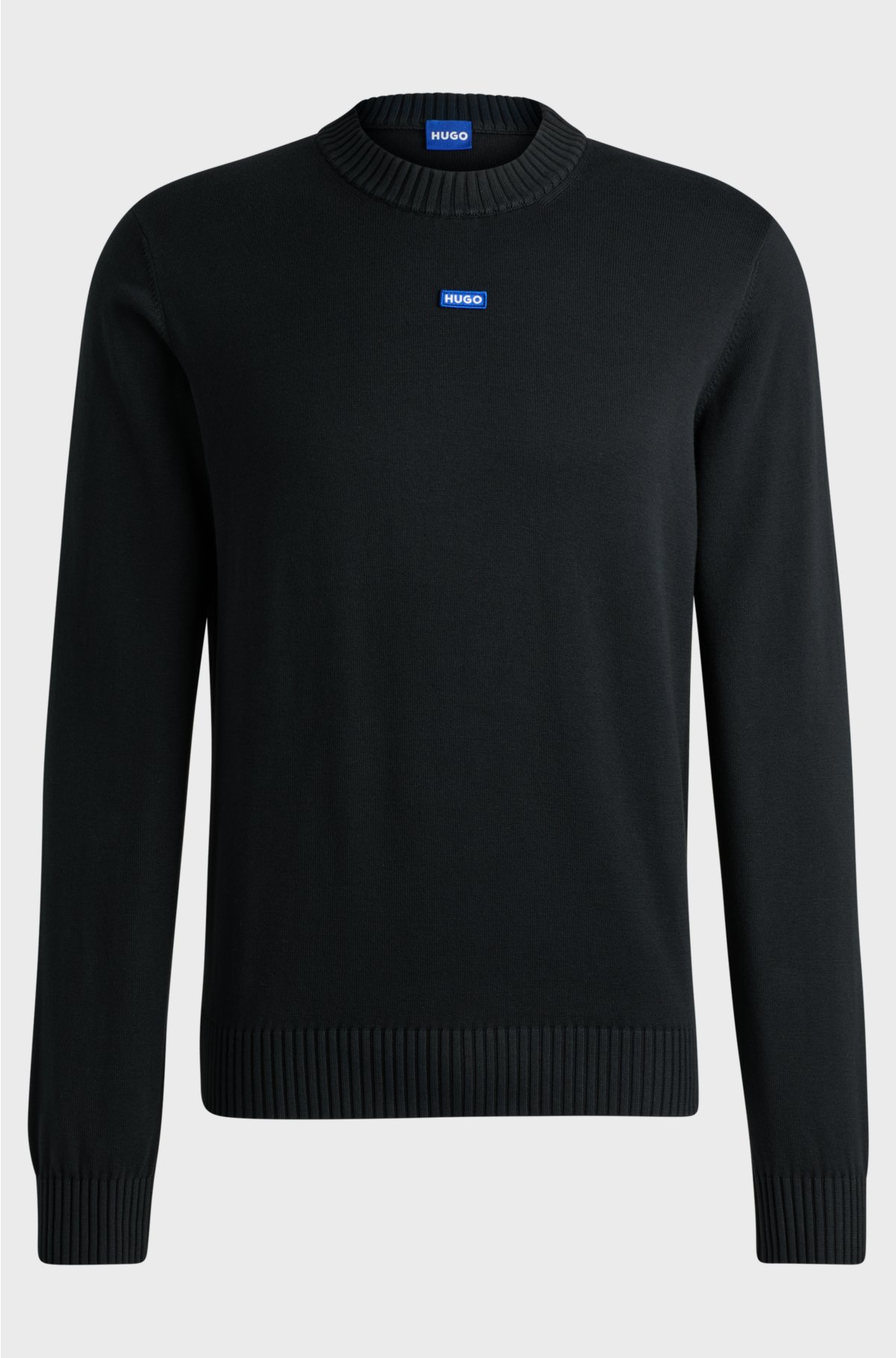 Knitted-cotton sweater with blue logo label, Black