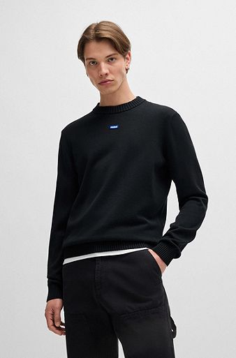 Knitted-cotton sweater with blue logo label, Black