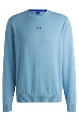 Shop Hugo Knitted-cotton Sweater With Blue Logo Label In Light Blue