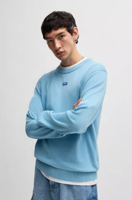 Knitted-cotton sweater with blue logo label