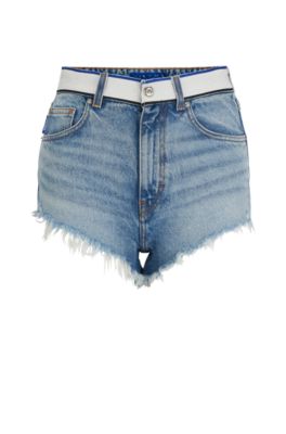 HUGO - Light-blue denim shorts with logo-tape waistband