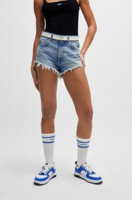 HUGO - Light-blue denim shorts with logo-tape waistband