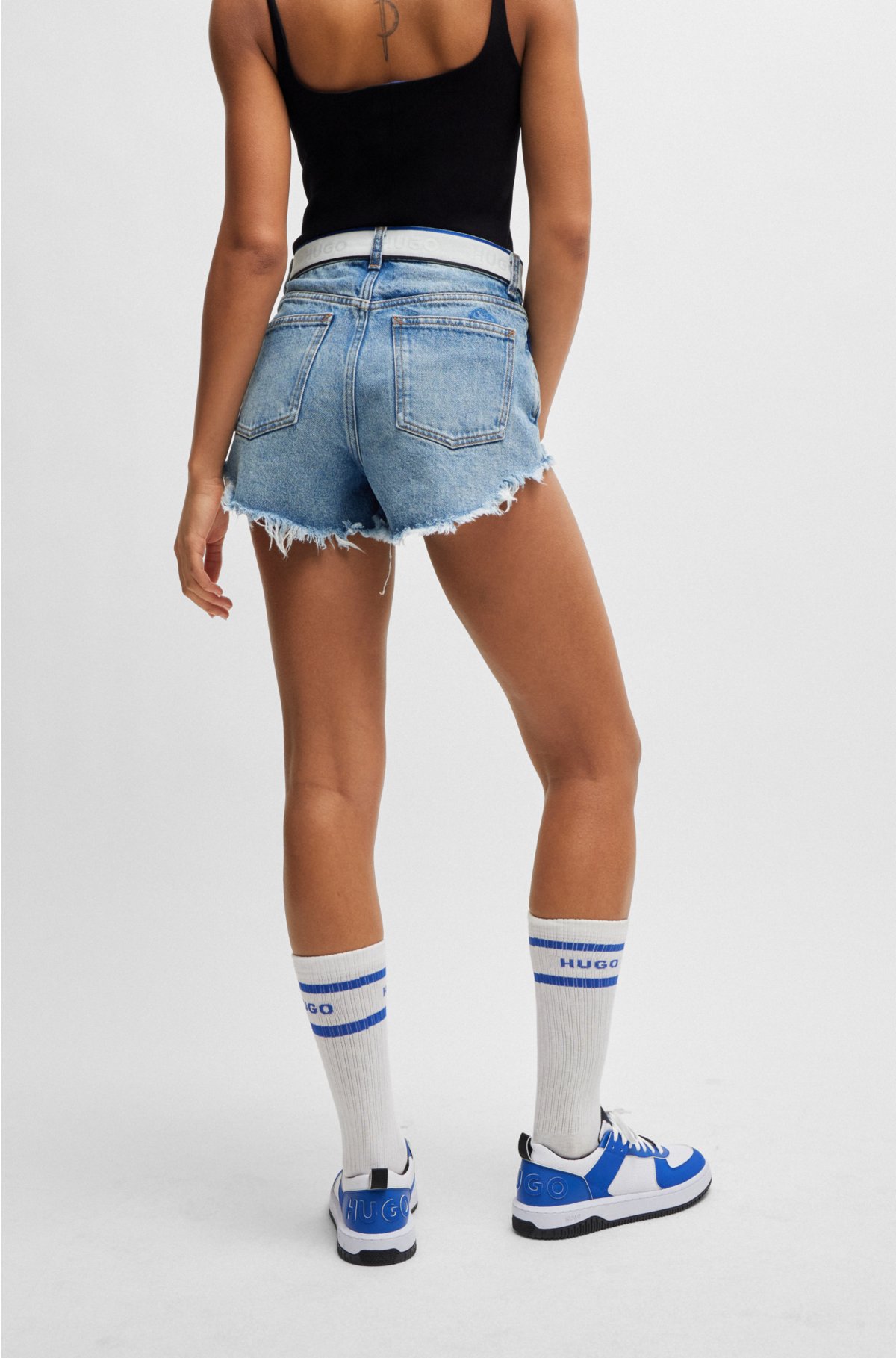 Light-blue denim shorts with logo-tape waistband, Blue