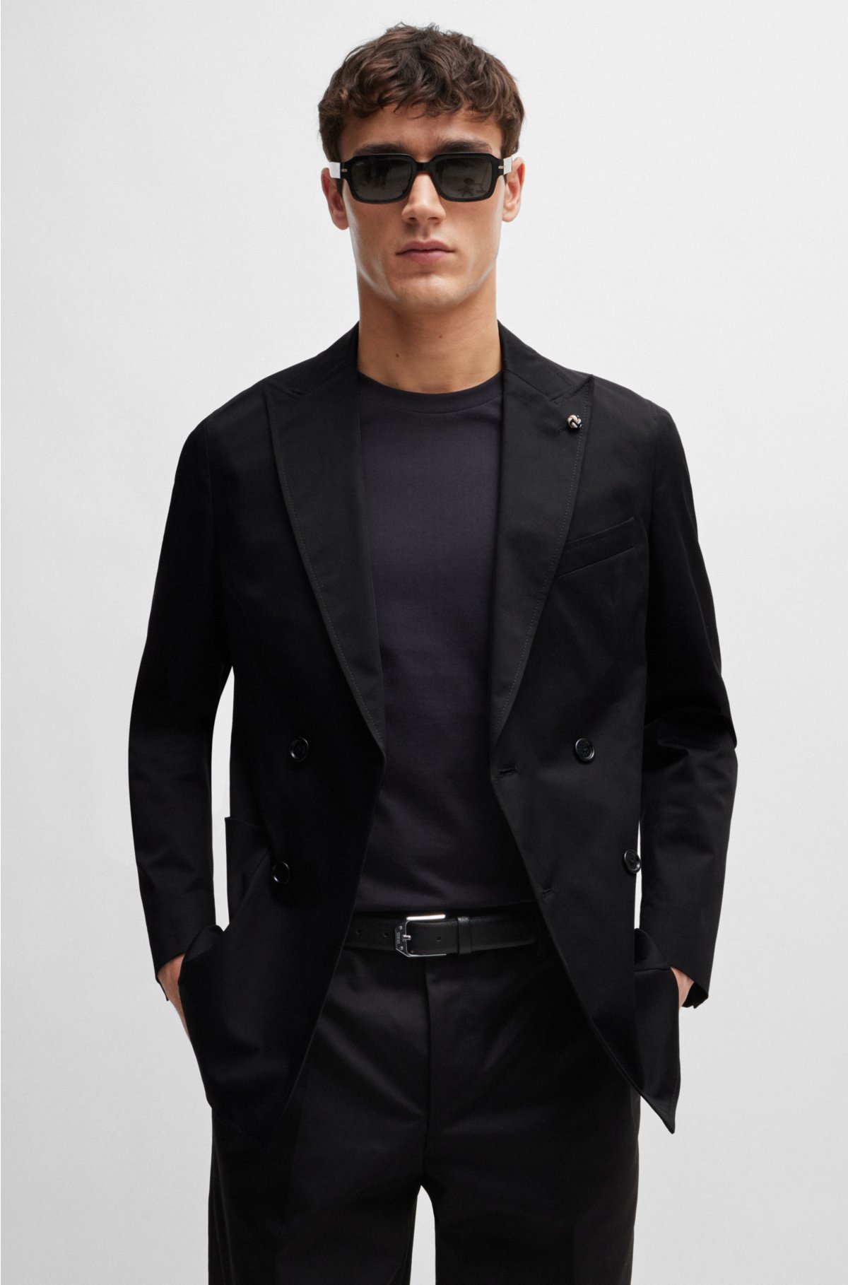 Slim-fit double-breasted jacket in stretch cotton, Black