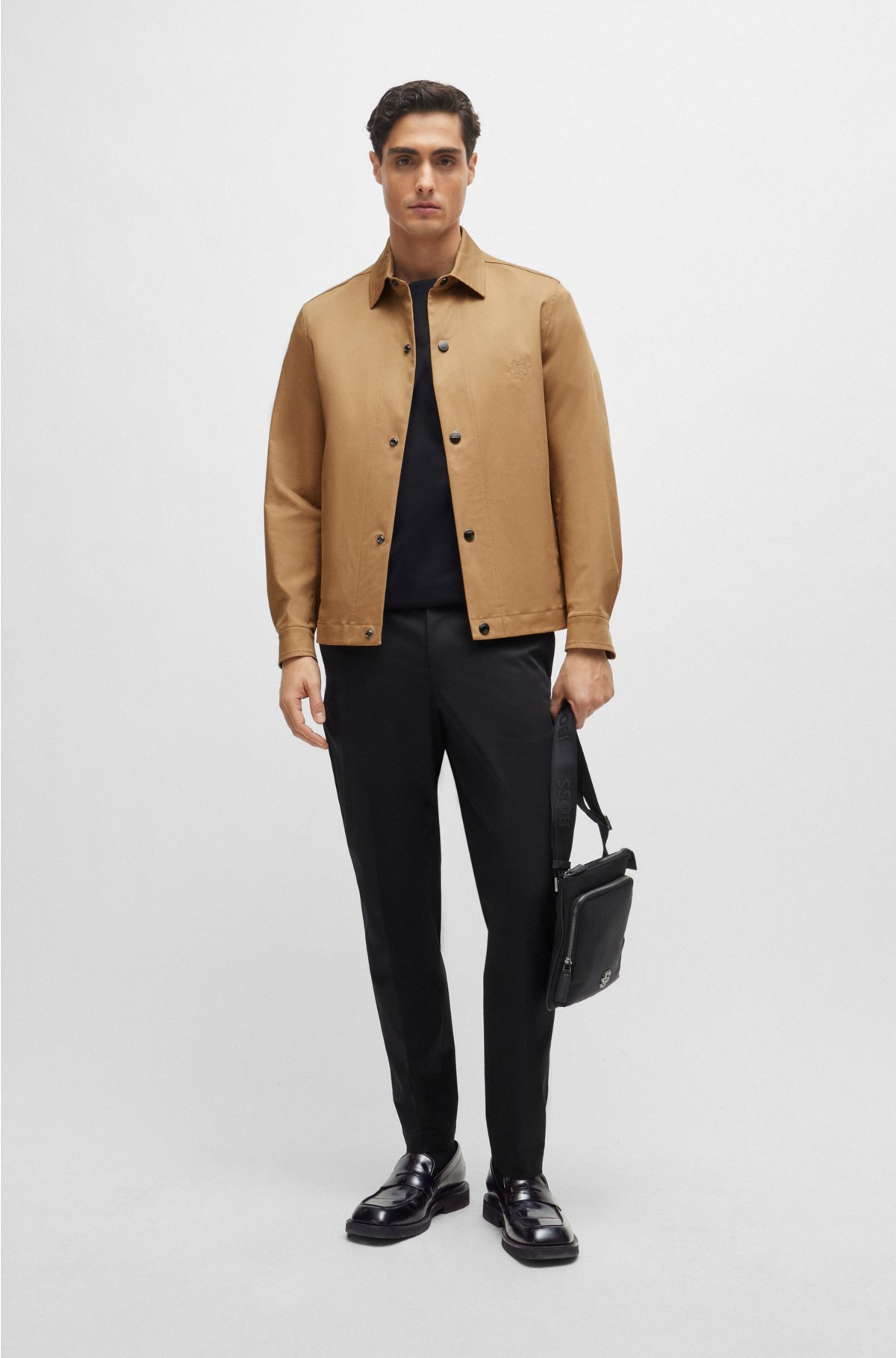 Relaxed-fit jacket in stretch cotton with press studs, Light Brown
