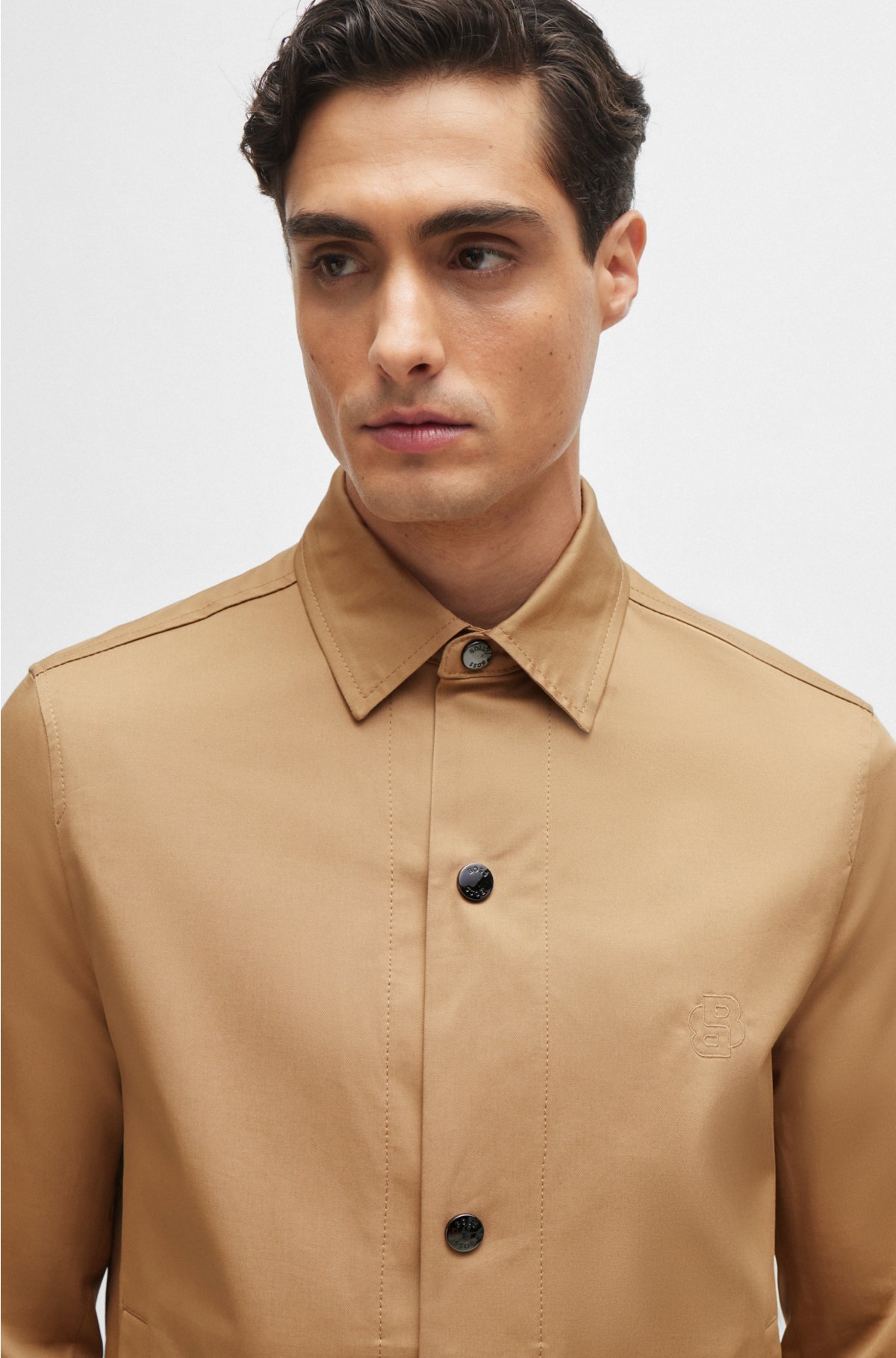 Relaxed-fit jacket in stretch cotton with press studs, Light Brown