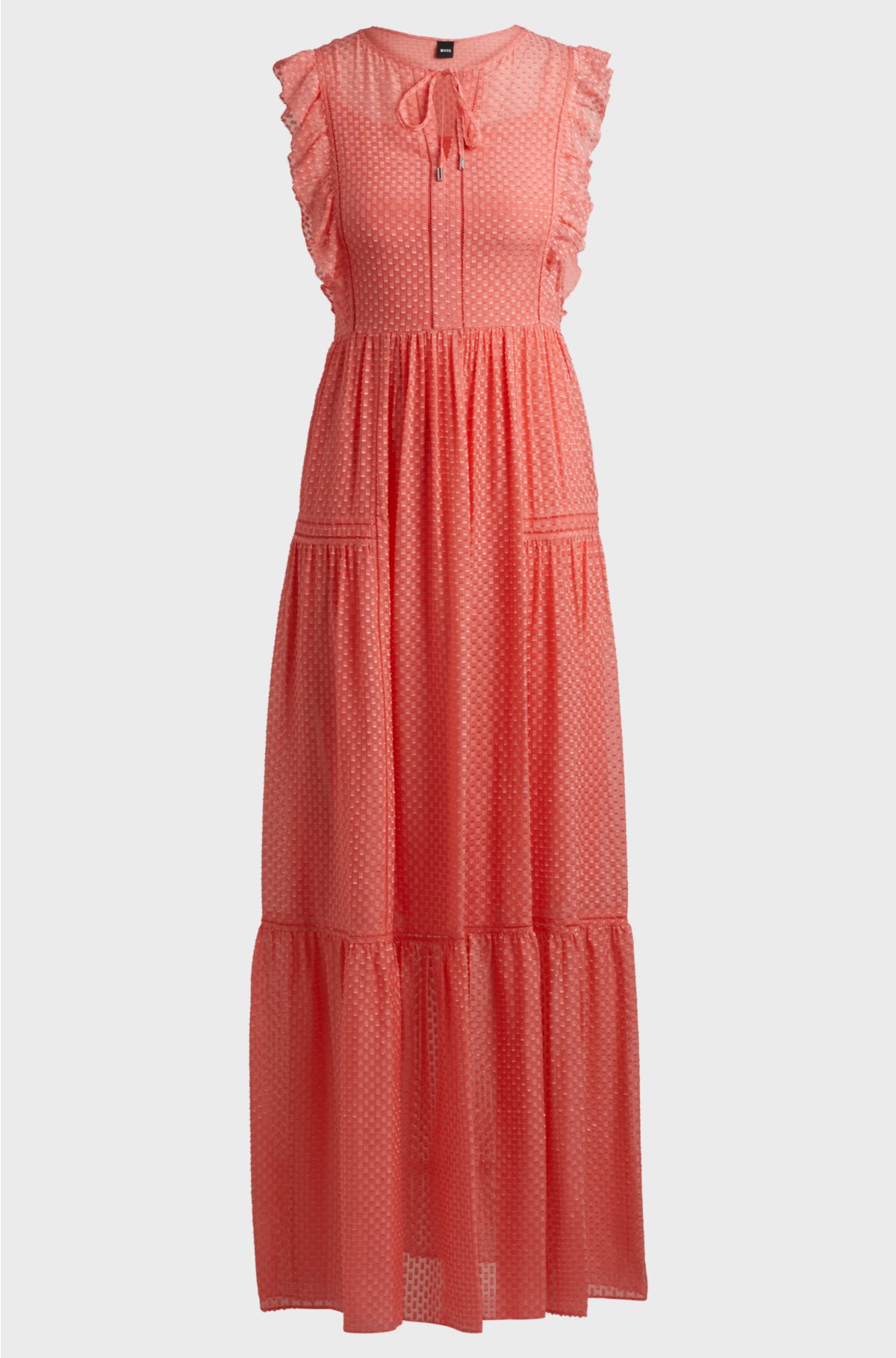 Tie-neckline sleeveless dress with frill trims, Coral