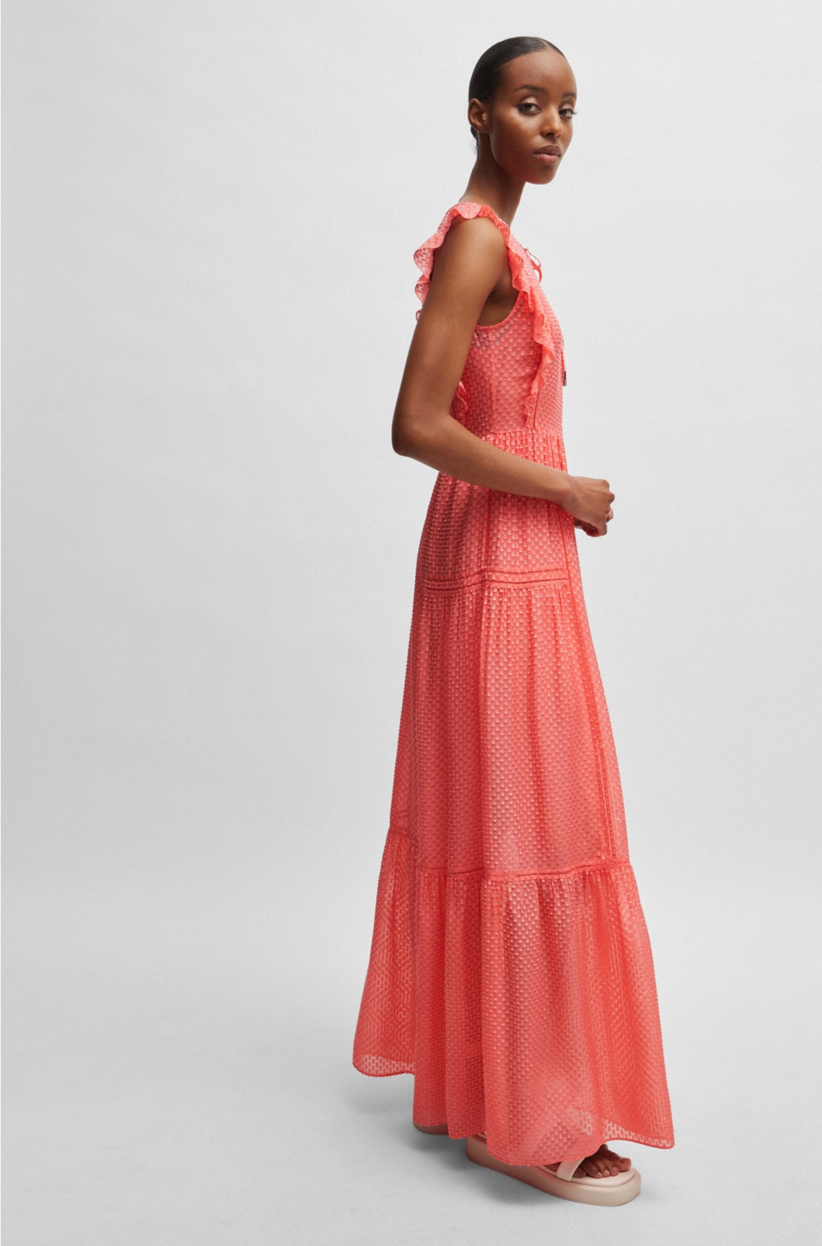 Tie-neckline sleeveless dress with frill trims, Coral