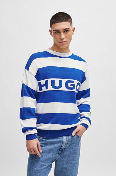 Block-stripe relaxed-fit sweater with logo lettering, Blue