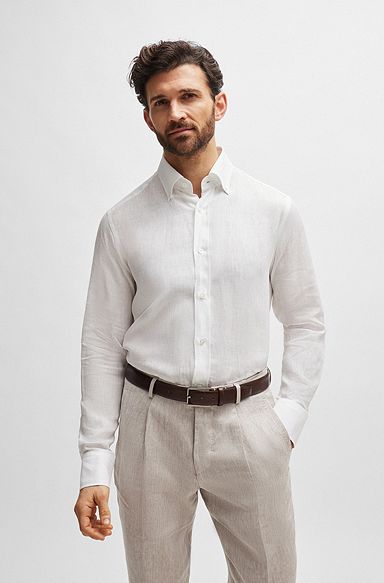 Lang regular-fit buttondownoverhemd van linnen, Wit