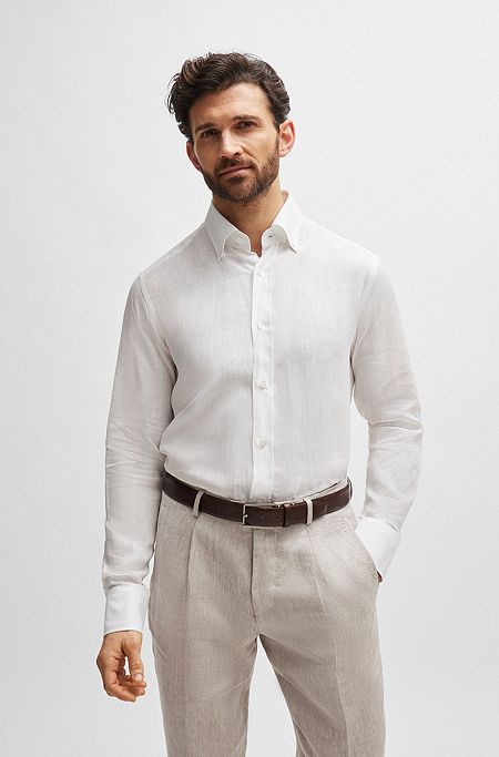 Camicia button down con taglio lungo regular fit in lino, Bianco