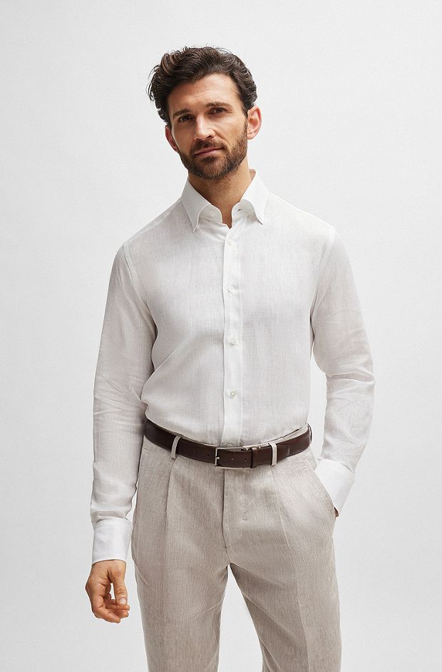 Camisa larga regular fit de lino abotonada, Blanco