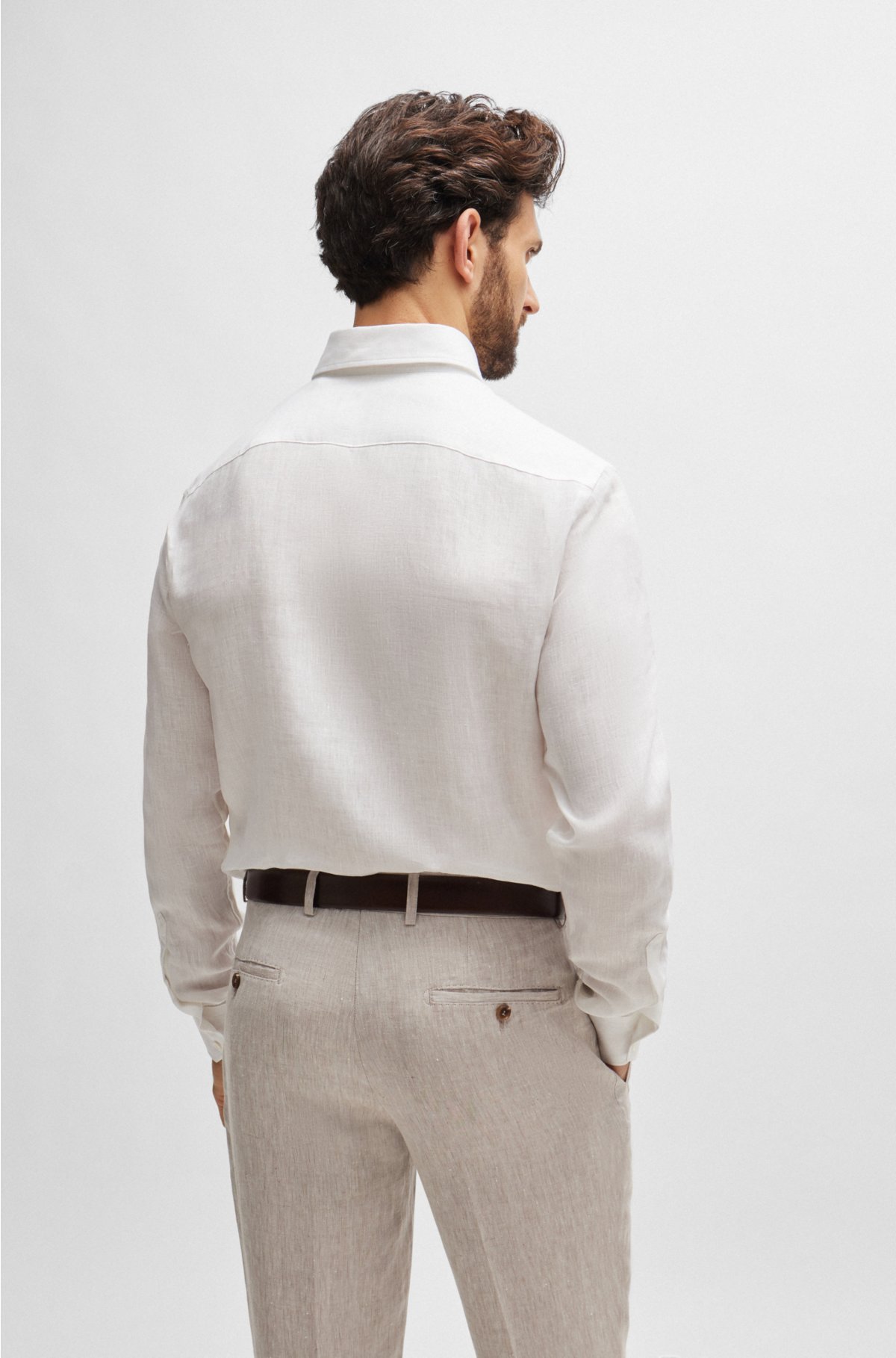 Long-length regular-fit button-down shirt in linen, White