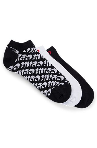 Three-pack of cotton-blend ankle socks with logos, Black