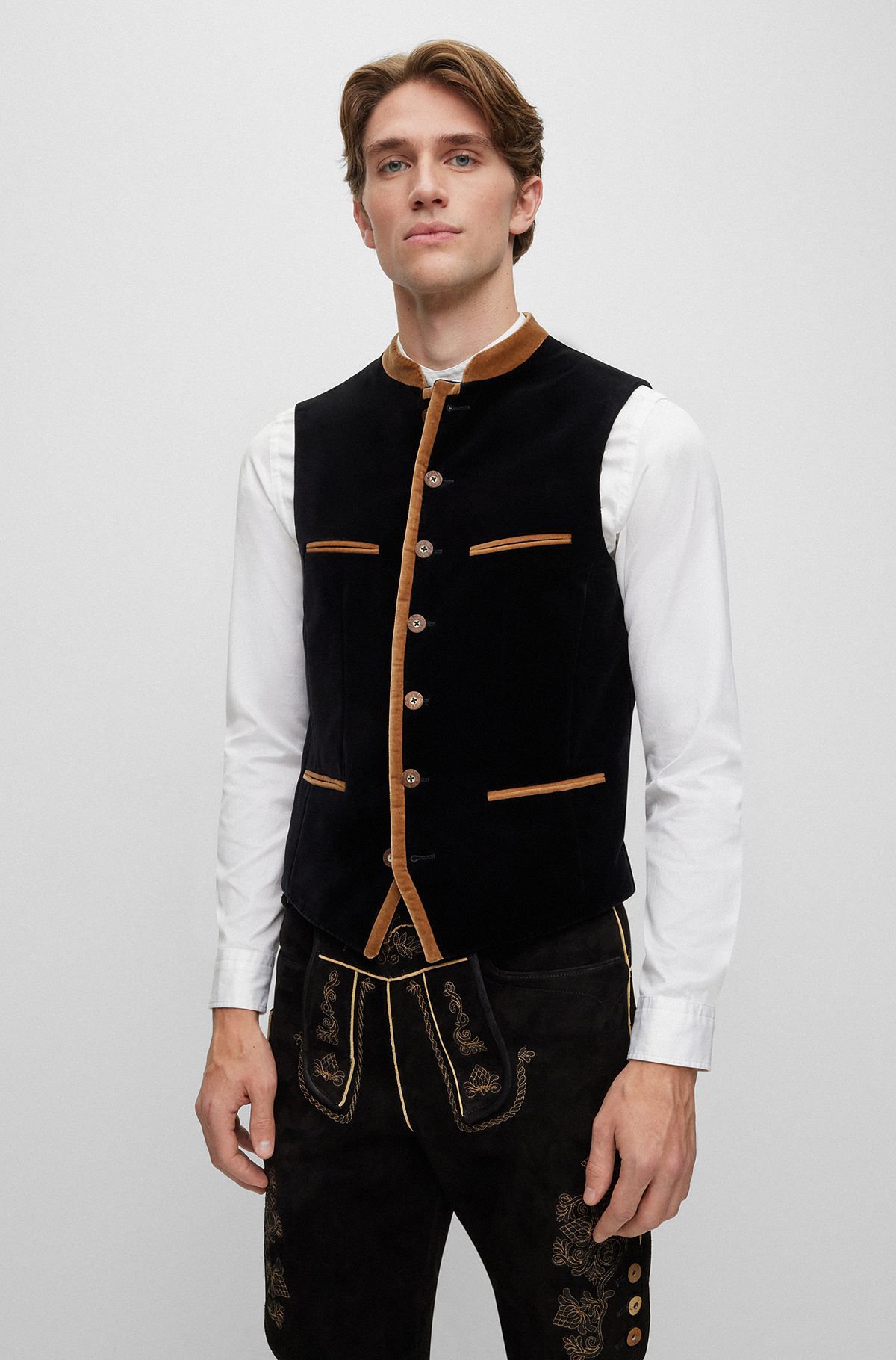 BOSS Menswear Trachten waistcoat in cotton velvet, Black