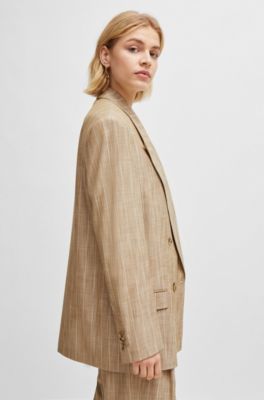 Fabrosanz: Beige Pinstripe Double Breaster Blazer