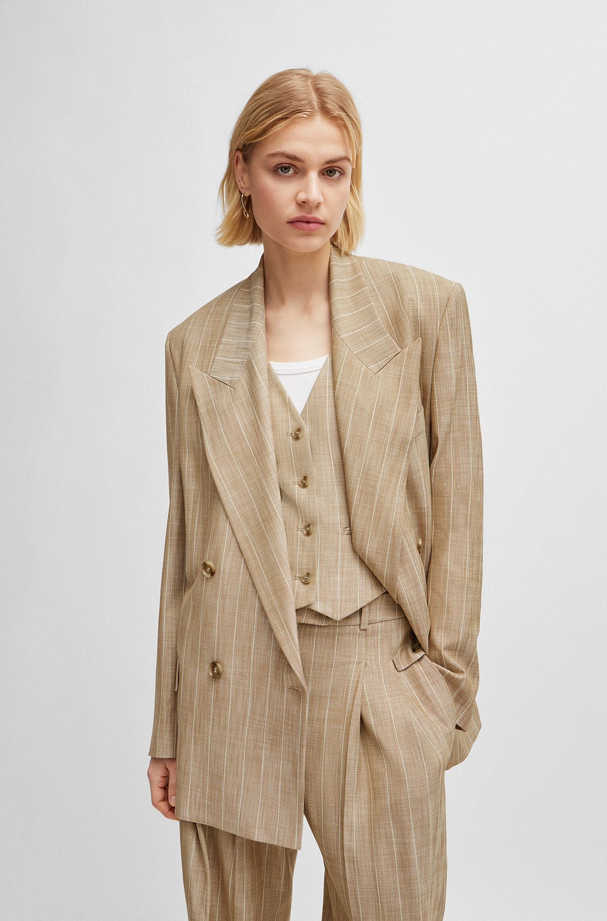 Double-breasted jacket in pinstripe stretch fabric, Light Beige